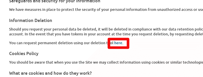 Link zum Formular zur Löschung deines Chaturbate Accounts in der CB Datenschutzerklärung (Screenshot)