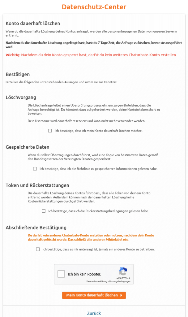 Formular zur Löschung deines Chaturbate Accounts (Screenshot)